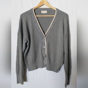 Marled Gray Ribbed V-Neck Cardigan with Cream Trim